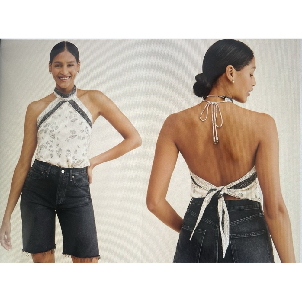 Free People 1 Thing Bodysuit scarf top halter neckline tie back closure Ivory LG